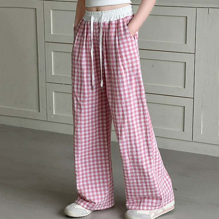 Sopiago Girls Casual Loose Checkered Wide Leg Pants for Girls High