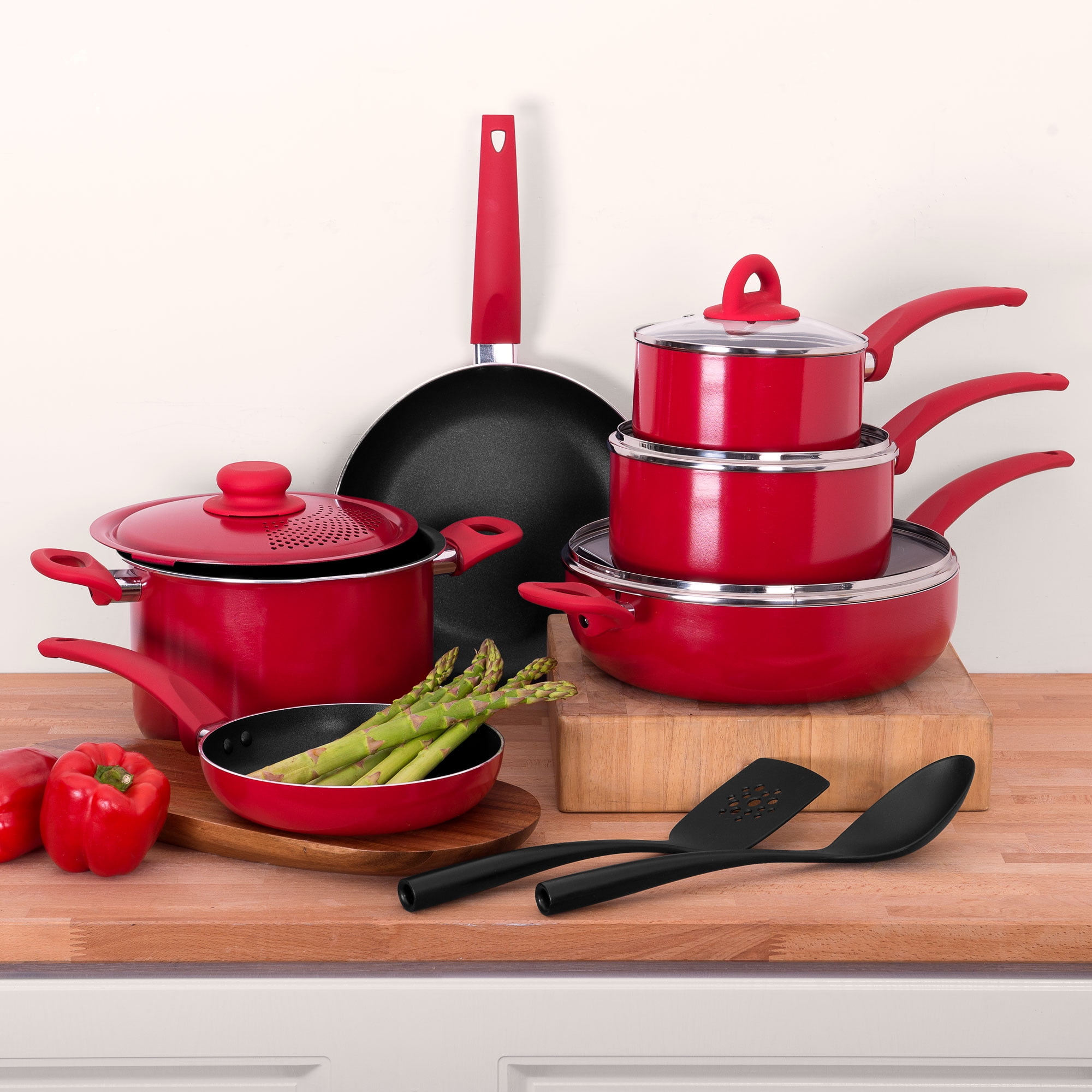 12 PC Red Non Stick Cookware Set with Cooking Utensils – R & B Import