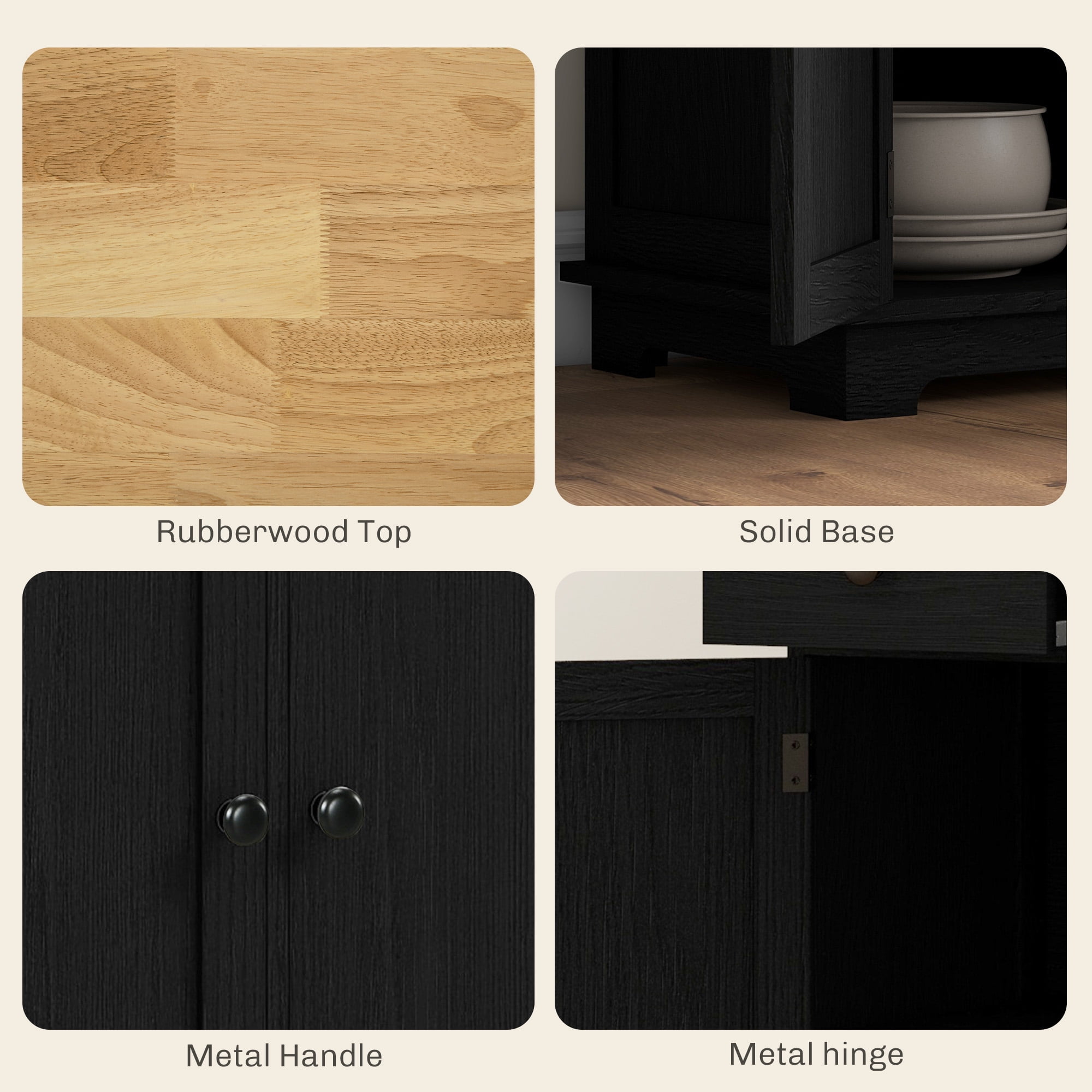 HOQBN Sideboard Buffet Cabinet with Rubberwood Top and Adjustable Shelves for Dining Room, Kitchen, Black