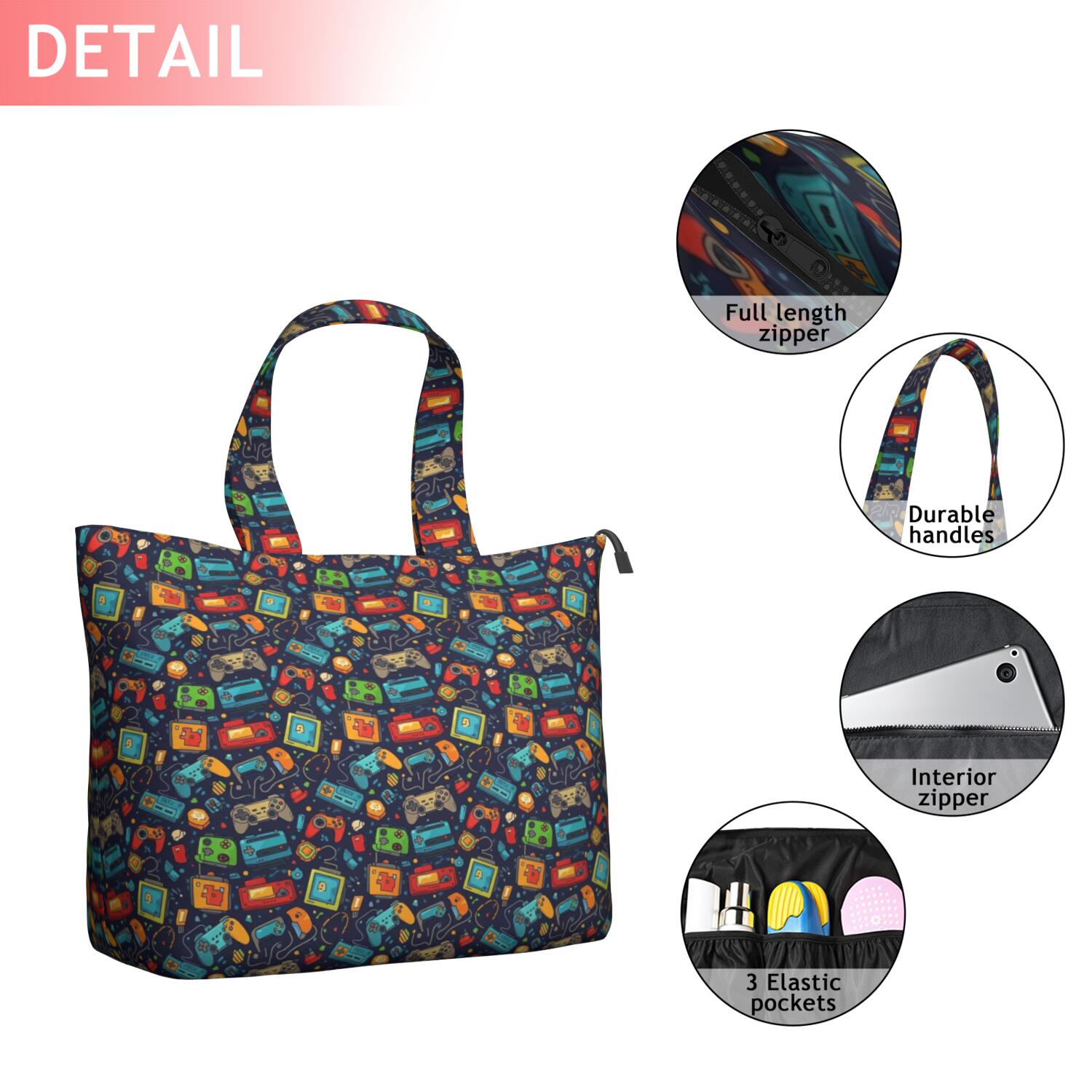 Colorful Games Retro Black Pattern Travel Tote Bags for Women Carry On,Large Weekender Bags for Women Travel,Multi Functional Duffle Bag for Work,Shopping,Sports