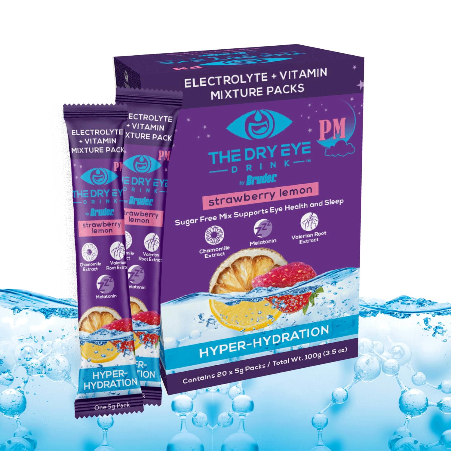 The Dry Eye Drink PM Night Time Strawberry Lemon Flavor l Ultimate Hydration for Dry Eyes l Sugar-Free Electrolyte Powder Packets l Help Deep and Relaxing Night time Sleep l 5g x 20 Packets