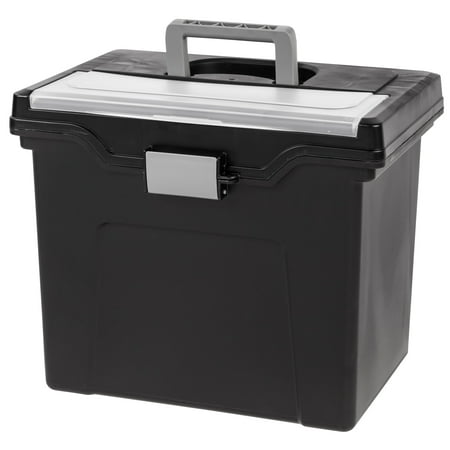 IRIS USA Portable Letter Size File Box with Built-In Organizer Lid and Handle for Hanging Folders  Large  Black