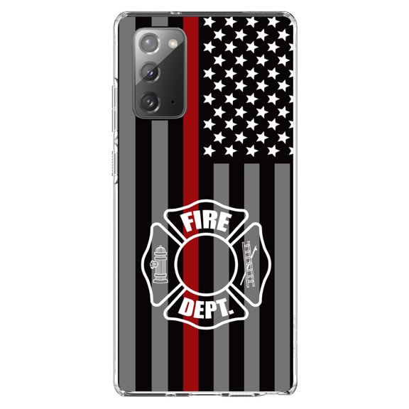DistinctInk Clear Shockproof Hybrid Case for Samsung Galaxy Note 20 (6.7" Screen) - TPU Bumper, Acrylic Back, Tempered Glass Screen Protector - FD Thin Red Line Maltese Cross - First Responders