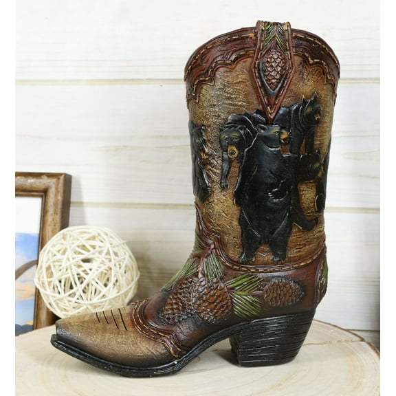 Western Black Bear Family With Pine Cones Cowboy Cowgirl Boot Vase Figurine