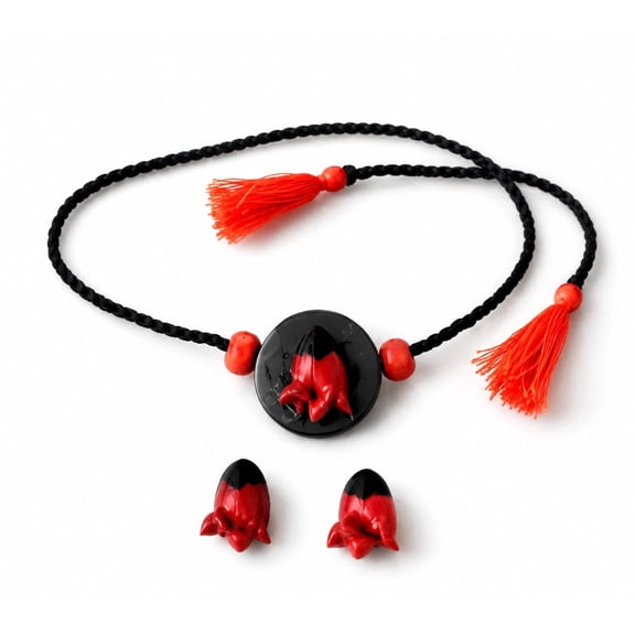 GBT - Handmade Red Flower Bud Necklace & Earring Set for Women – Black Cord Floral Tassel Jewelry