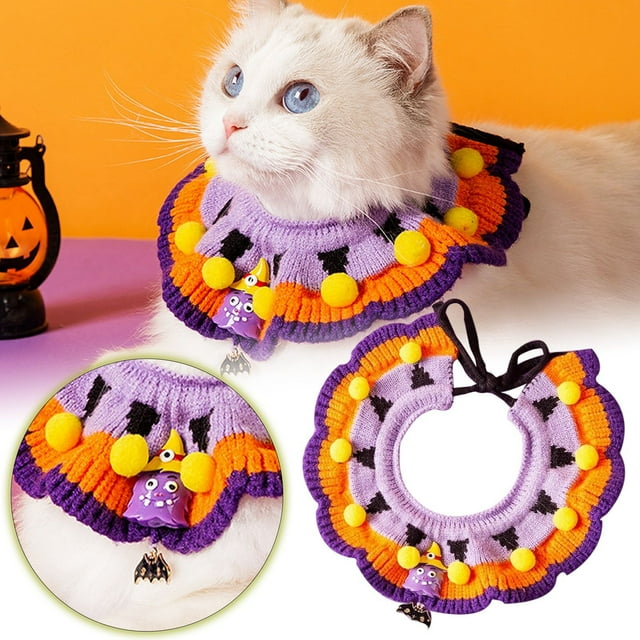 SgJHXb Collier pour Chat Halloween Design Citrouille Tricoté Accessoires pour Animaux Intérieur Extérieur Festif Confortable Durable Polyester