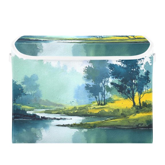 Storage Box With Lid 16.5x12.6x11.8In Foldable Stacked Household Storage Box Watercolor Lake