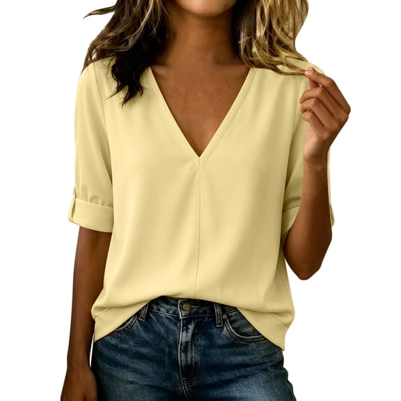 cocolona Summer V Neck Tops for Women Short Sleeve Solid Color Shirts Casual Basic Blouses