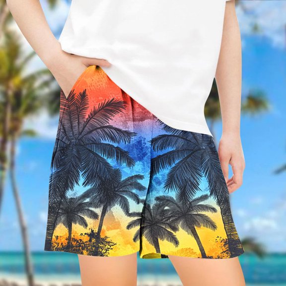 QQAMB Shorts for Boyes Girls Hawaiian Printed Elastic Waisted Summer Trendy Comfy Beach Shorts,5-14 Years