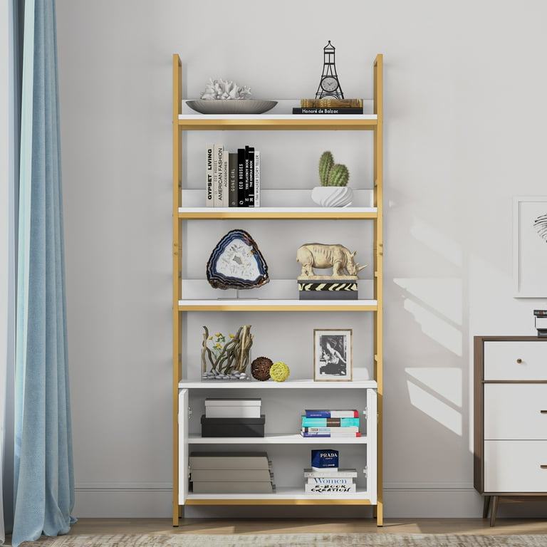 Tribesigns White and Gold Metal 6-Shelf Corner Bookcase with Doors (15.75-in W x 73.22-in H x 15.75-in D) Unfinished | HOGA-NY051