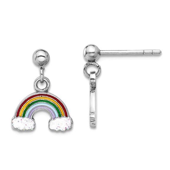 925 Sterling Silver Rhodium Plated Polished and Enameled With Glitter Rainbow Mini Post Long Drop Dangle Earrings 14.5x1