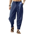 thumbnail image 2 of Pantalones casuales de lino para hombre, color liso, pierna ancha, sueltos, elásticos, con cordón, pantalones recortados para verano, playa, yoga 065-azul oscuro XL 065-azul oscuro XL Xishao ropa, 2 of 2