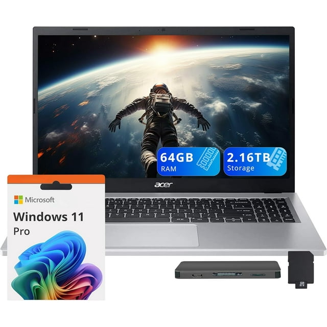 acer Aspire 3 15.6" FHD Laptop, AMD Ryzen 5 7430U, 64GB RAM, 2.16TB Storage(2TB SSD+160GB Docking Station Set), AMD Radeon Graphics, Backlit Keyboard, HD Webcam, Wi-Fi 6, Windows 11 Pro, Silver