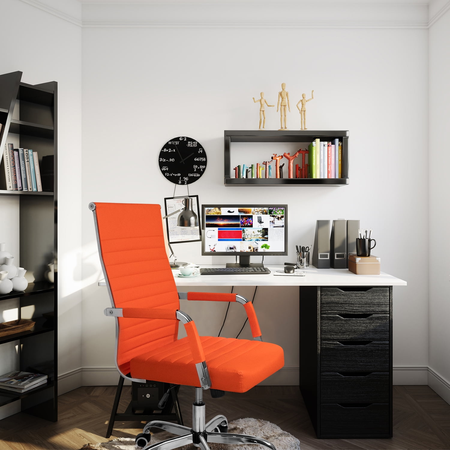 Furmax Ribbed Office Desk Mid-Back PU Leather Executive Conference Task Adjustable Swivel Chair with Arms, Orange