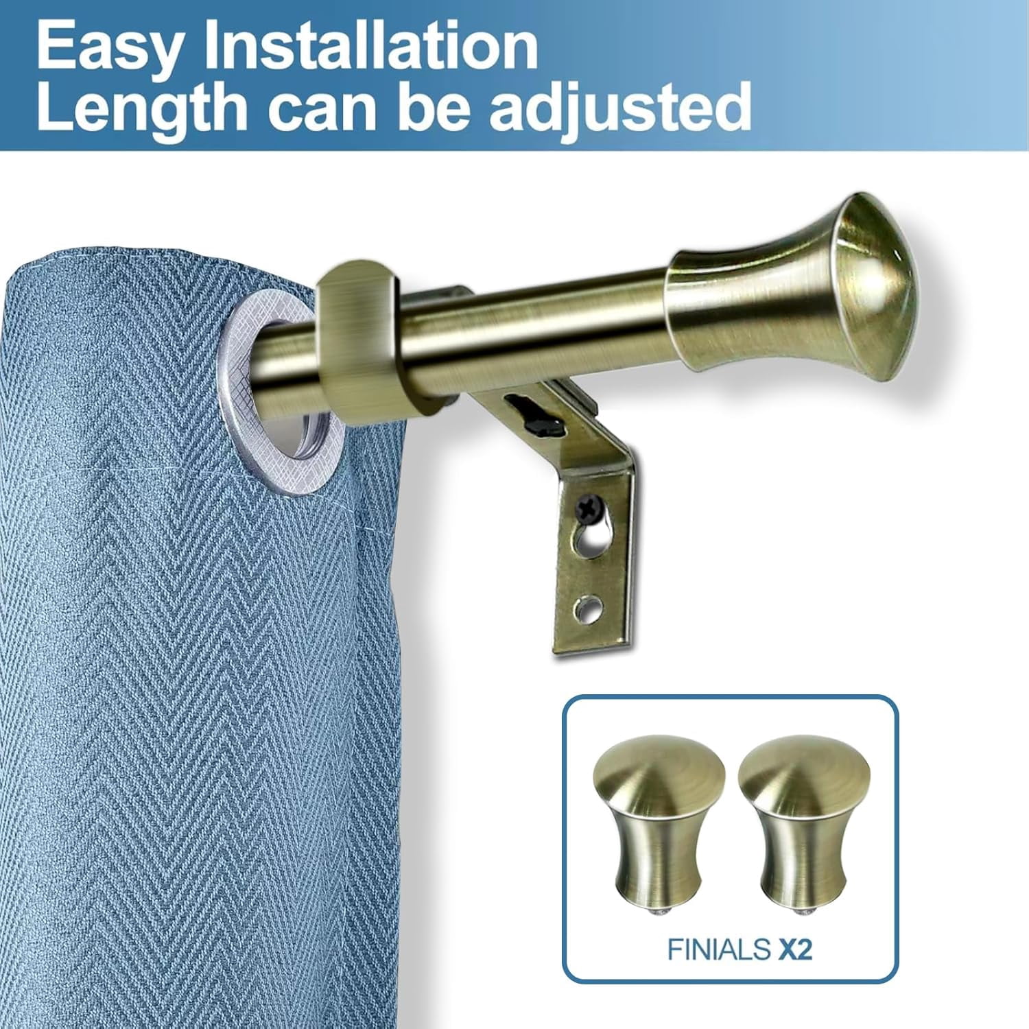 Urbanest Adjustable Single Curtain Rod Set Buckingham Finials – 5/8-Inch Diameter, With Antique Brass Rod, 28–48 Inches