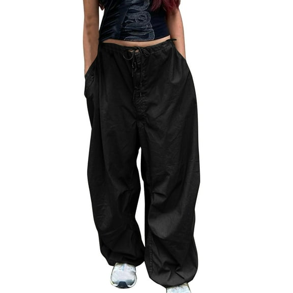 Travel Outfits Women Airport Womens Baggy Cargo Pants Streetwear Hop Joggers Sweatpants Drawstring Casual Loose Wide Leg Trousers Pants Suit for Women Work Casual Womens Sweat Business 12 Black M