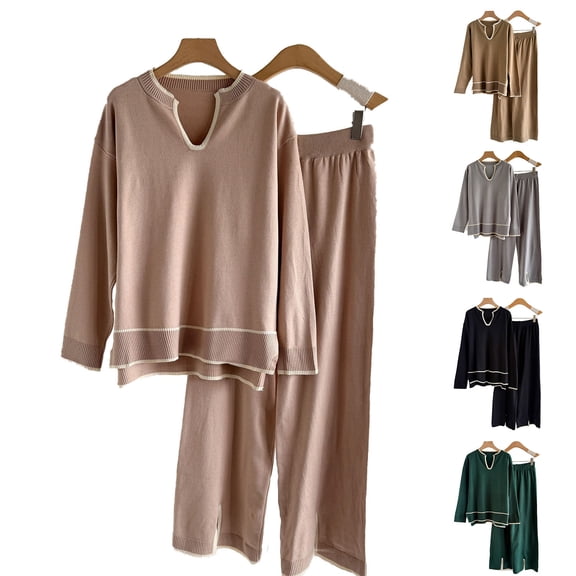Bovxnpu Fall Winter Outfits for Women, Women 2 Piece Outfits Set Fall Winter U Neck Long Sleeve Knit Sweater Split Wide Leg Pants Tracksuit Airport Travel Outfit