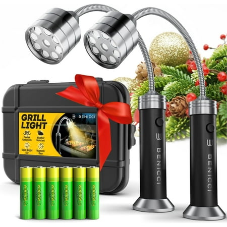 Flexible LED BBQ Grill Lights Set of 2 - The Perfect Grilling Accessories Light with 360-Degree Magnetic Base and Gooseneck 100% Portable Weatherproof Outdoor Lamp w/ 6 Batteries Included