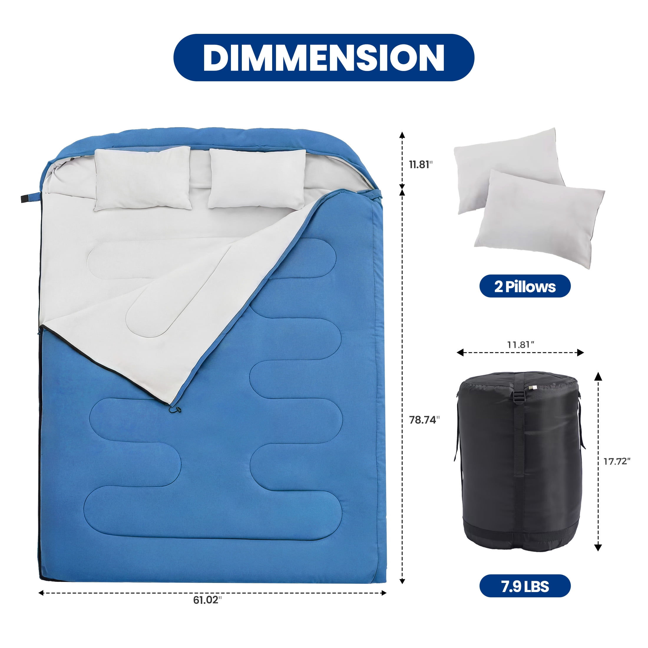 edx Queen Size Sleeping Bag for Adults, Double Sleeping Bag with 2 Pillows for All Season Camping Hiking, 2 Person Sleeping Bag Lightweight Weaterproof, Blue