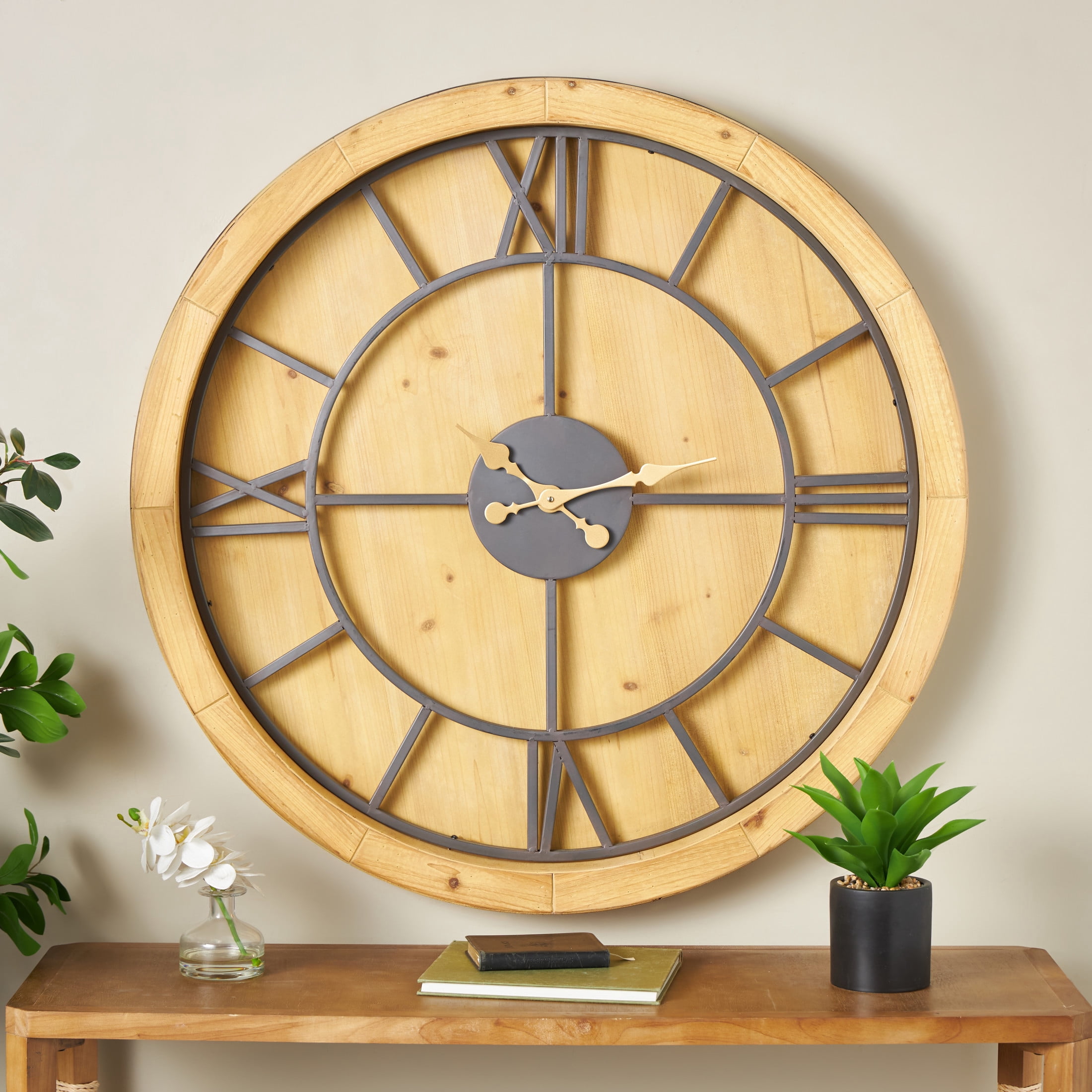 DecMode 40" Brown Wooden Large Wall Clock with Black Metal Framing