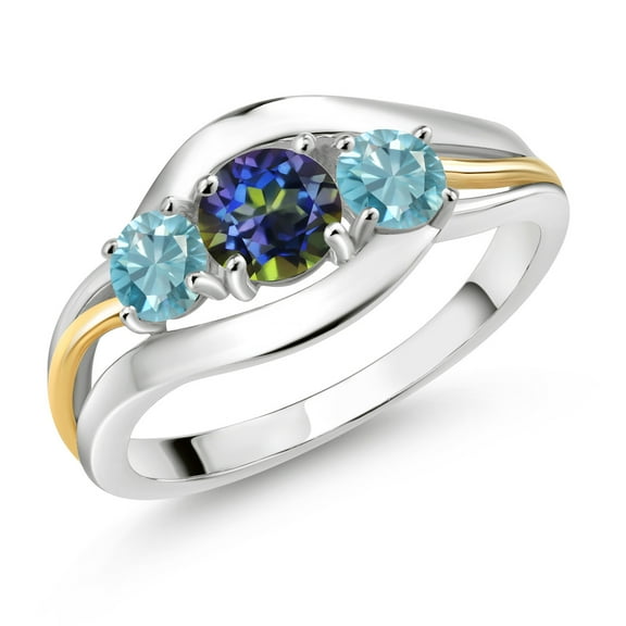Gem Stone King 925 Sterling Silver and 10K Yellow Gold Round Blue Mystic Topaz and Blue Zircon 3 Stone Ring for Women (1.50 Cttw, Size 5)