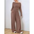 thumbnail image 5 of Women'S 2 Piece Matching Lounge Set Long Sleeve Boat Neck Top Wide Leg Pants Casual Sweatsuit Khaki S, 5 of 9