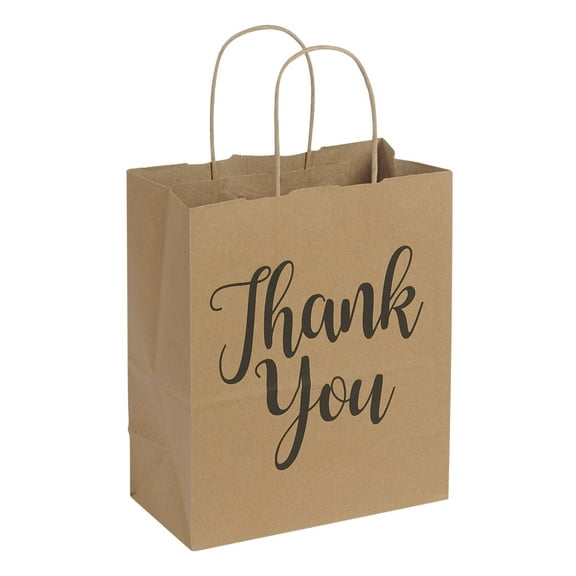 SSWBasics Thank You Gift Bags - Medium Kraft Paper Gift Bags with Handles 8”L x 4¾”D x 10¼”H Case of 100 - Ideal Thank You Bags for Shopping and Gifts