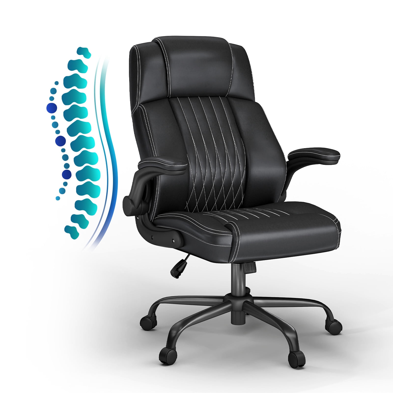 High-Back Executive Office Chair, Black PU Leather, Adjustable Armrests, Headrest & Lumbar Support, Ergonomic Swivel Boss Chair