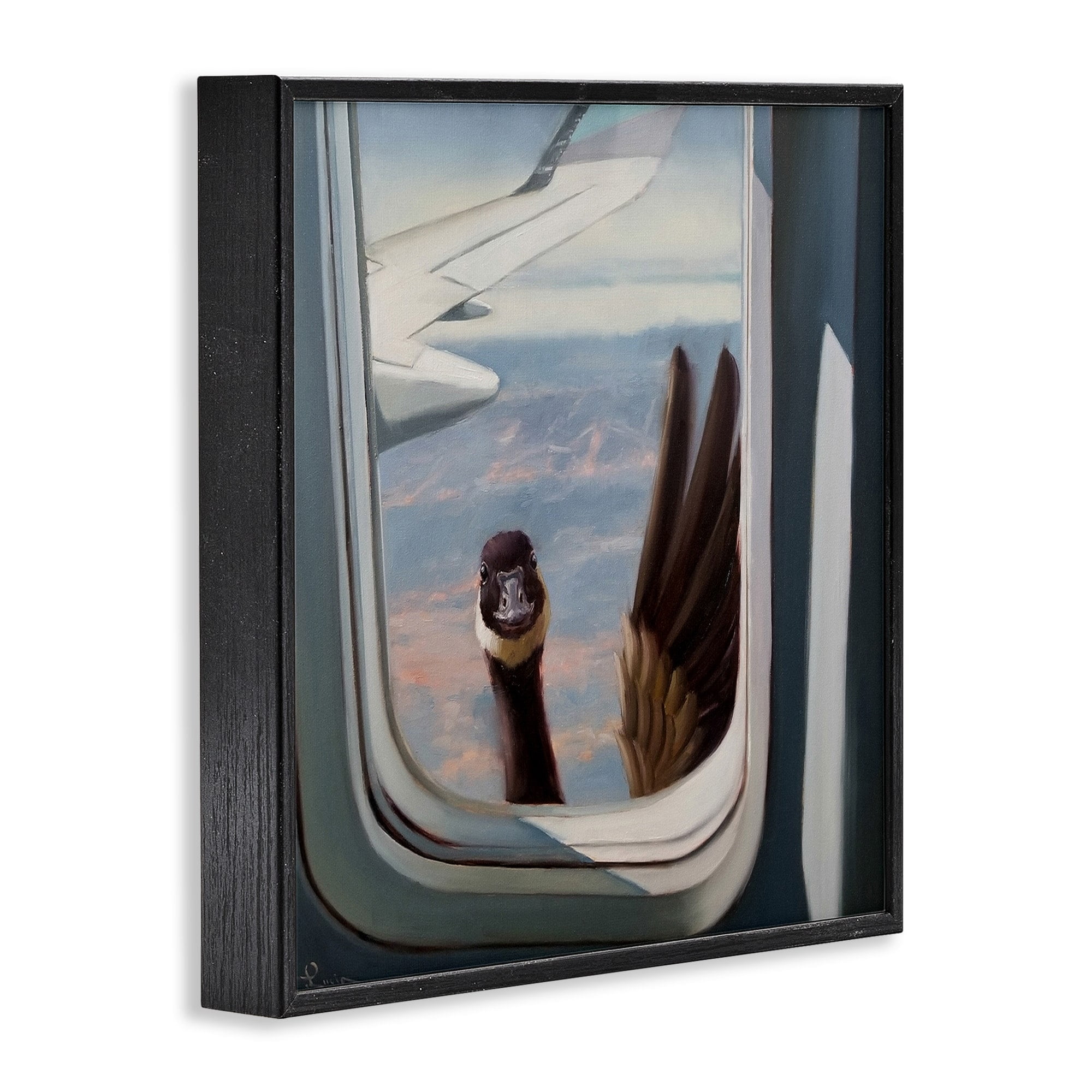 Hello from a Goose Airplane Window Scene Painting Animals & Insects Framed Art Print Wall Art, 17x17