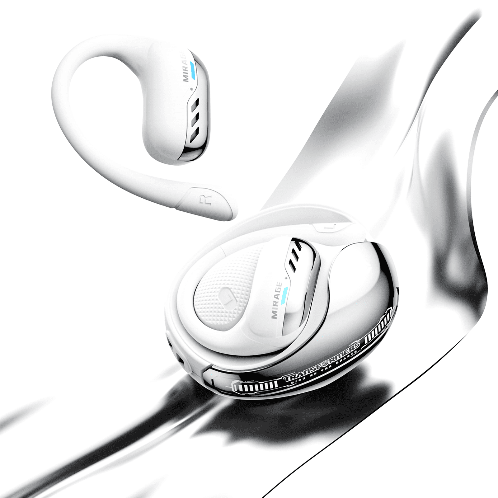 Transformers TF-T55 Open-Back Bluetooth Wireless Earbuds, Sleek Wing-Like Design Passive Noise Cancelling In-Ear Cool HiFi Calling Dual Modes Sports Earphones LED Display – White Mirage
