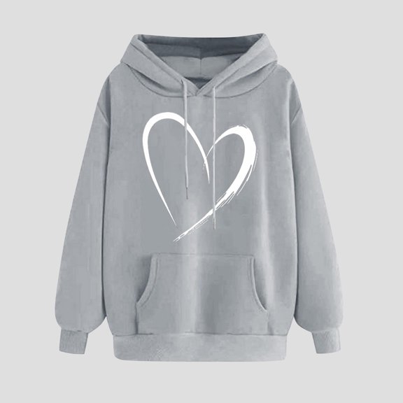 Cute Hoodies For Teen Girls Trendy Hearts Print Winter Hoodie Tops Long Sleeved Drawstring Comfortable Pullover Hoodie Gray L
