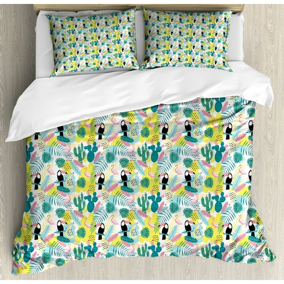 Tropical Queen Size Duvet Cover Set, Island Aloha Nature Art Pattern with Toucan Flamingos Cactuses and Exotic Leaves, Decorative 3 Piece Bedding Set with 2 Pillow Shams, Multicolor, by Ambesonne
