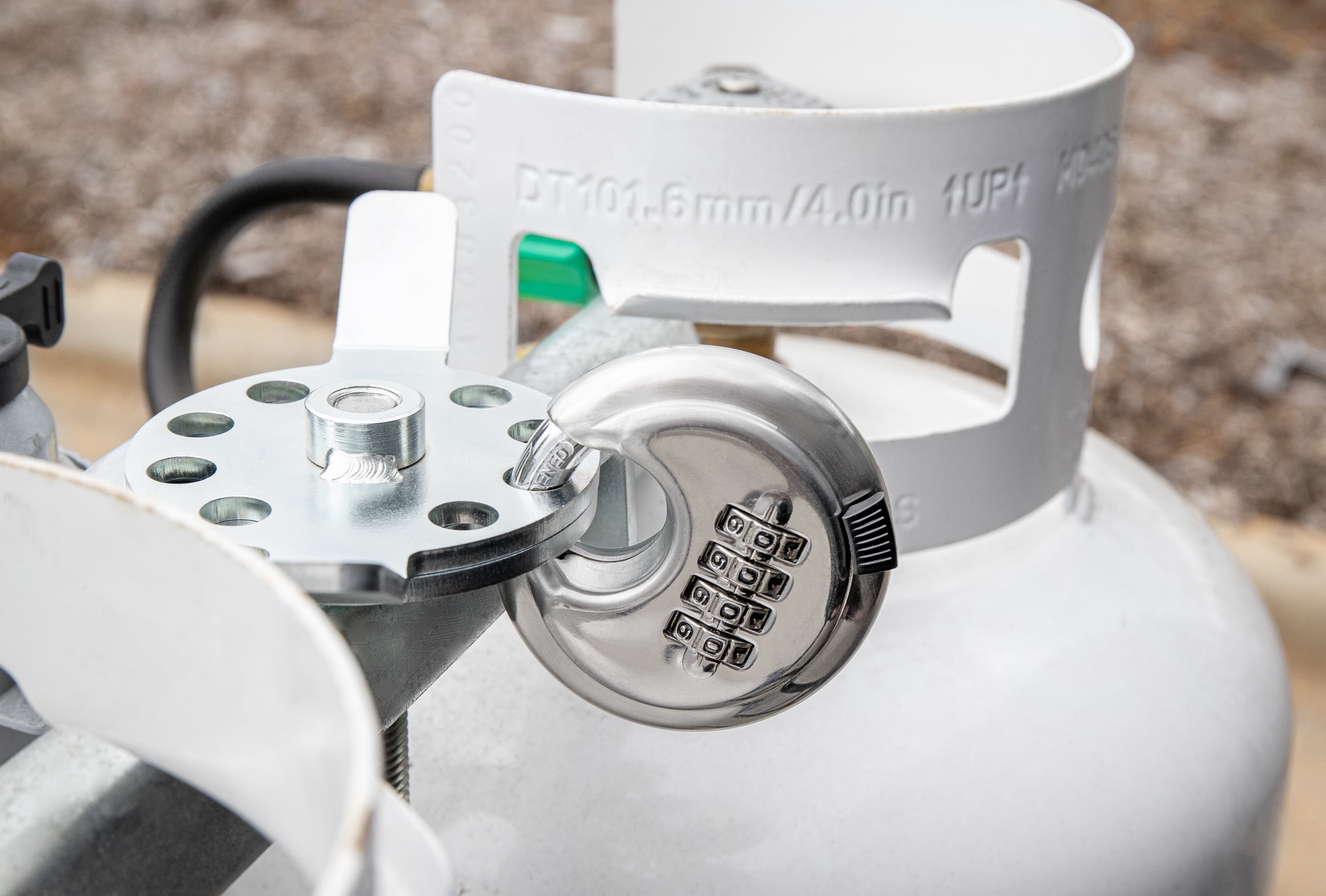 Camco Camper/RV Double Propane Tank Locking Device | Features a Combination Lock for Keyless Access & Heavy-Duty Steel Design (40590)