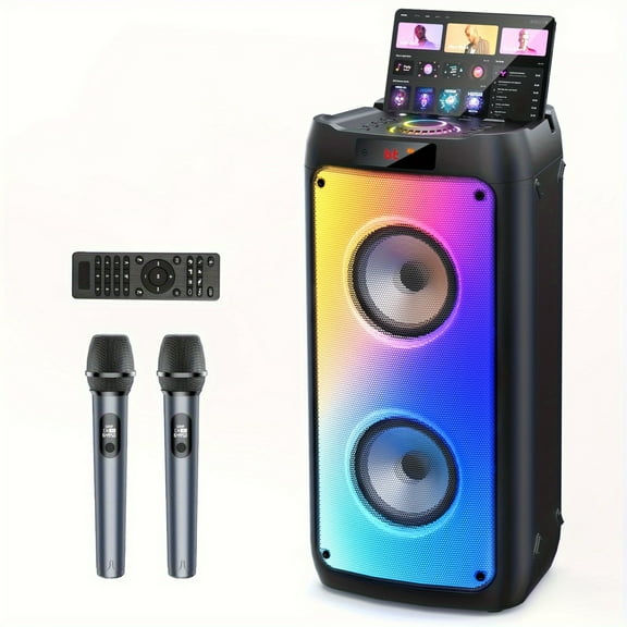 T10-T Portable Speaker w/ 2 Wireless Karaoke Mics, Remote, Subwoofer, RGB Lights, Deep Bass, TWS, TF/AUX/MIC Support - Outdoor PA System