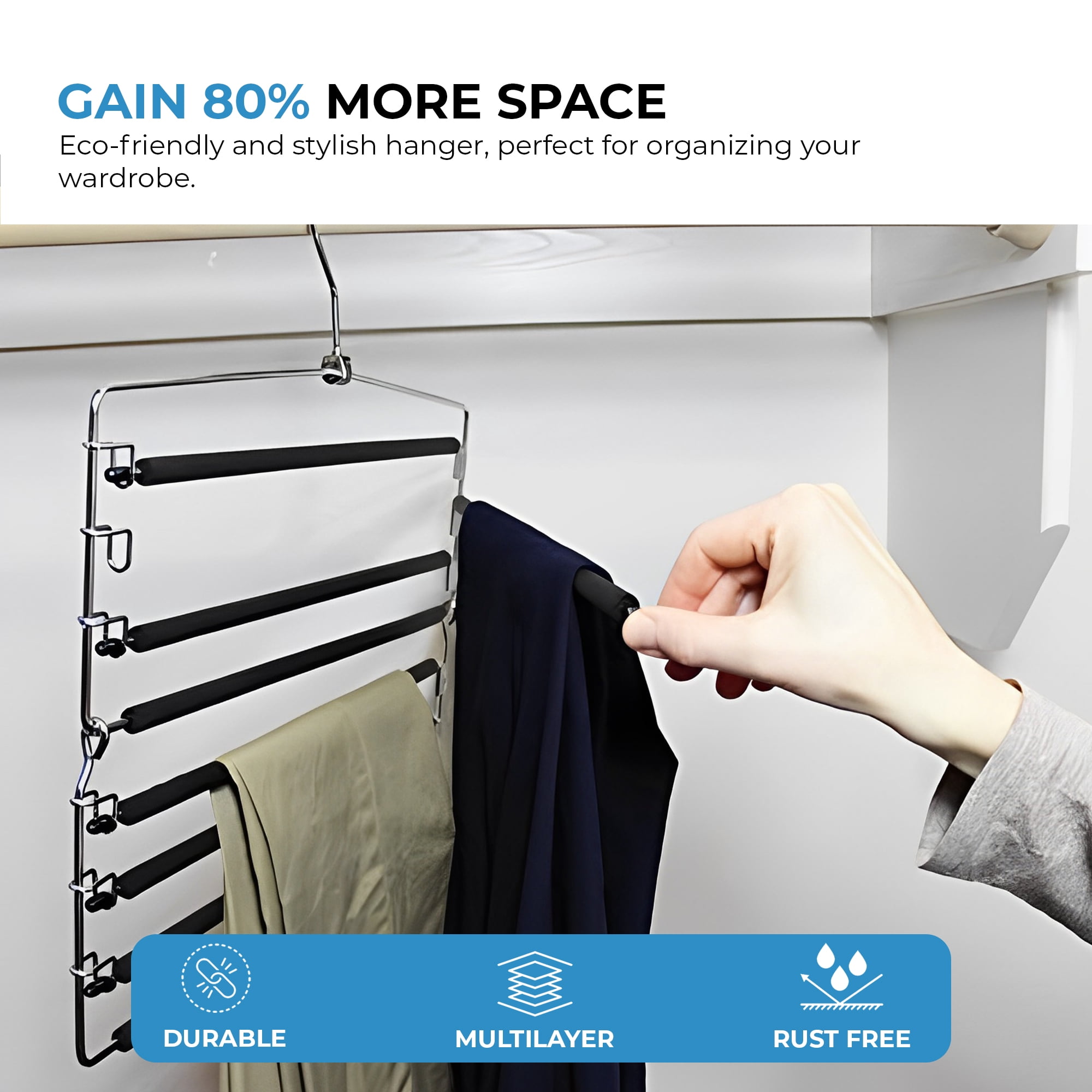 USTECH 8-Tier Folding Space Saving Metal Pants Hanger with Non Slip Swing Arms, 3 Pack