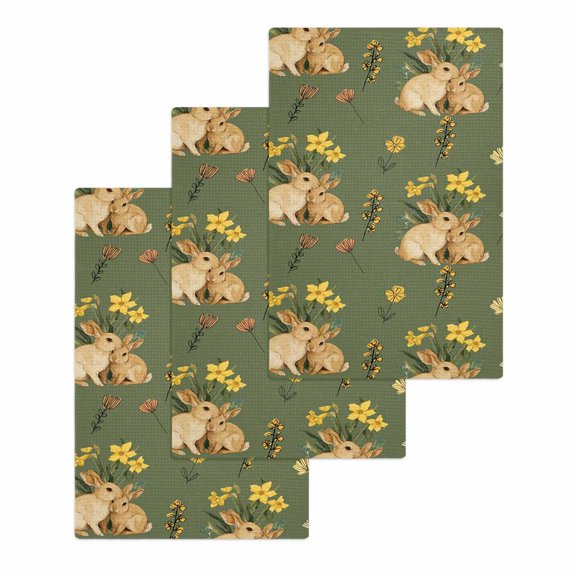 Easter Bunny Kitchen Dish Towels for Drying Dishes Set of 3, Spring Yellow Flowers Country Plants Green Waffle Weave Microfiber Hand Tea Bathroom Towels Quick Dry & Absorbent Towel 15.7x23.6