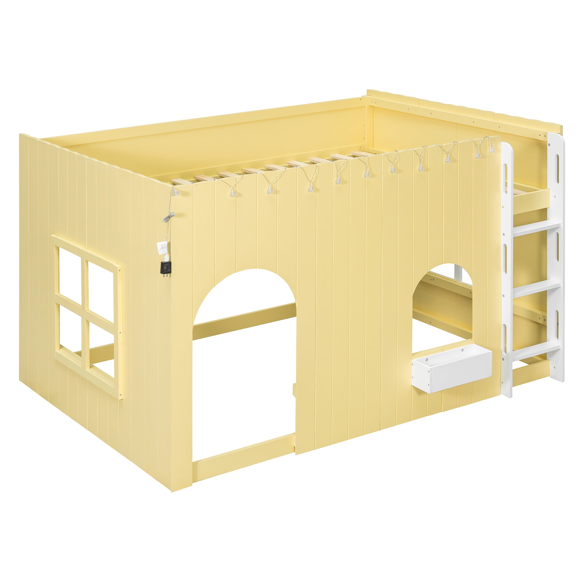 Mintazer Full House Loft Bed with LED Lights, Kids Playhouse Bed with Ladder, Yellow