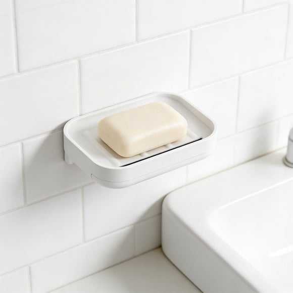 Jabonera de pared con adhesivo sin necesidad de taladrar – Jabonera con drenaje para almacenamiento en el baño, jabonera con ventosa y capa desmontable, bandeja de plástico rígido para jabón para l