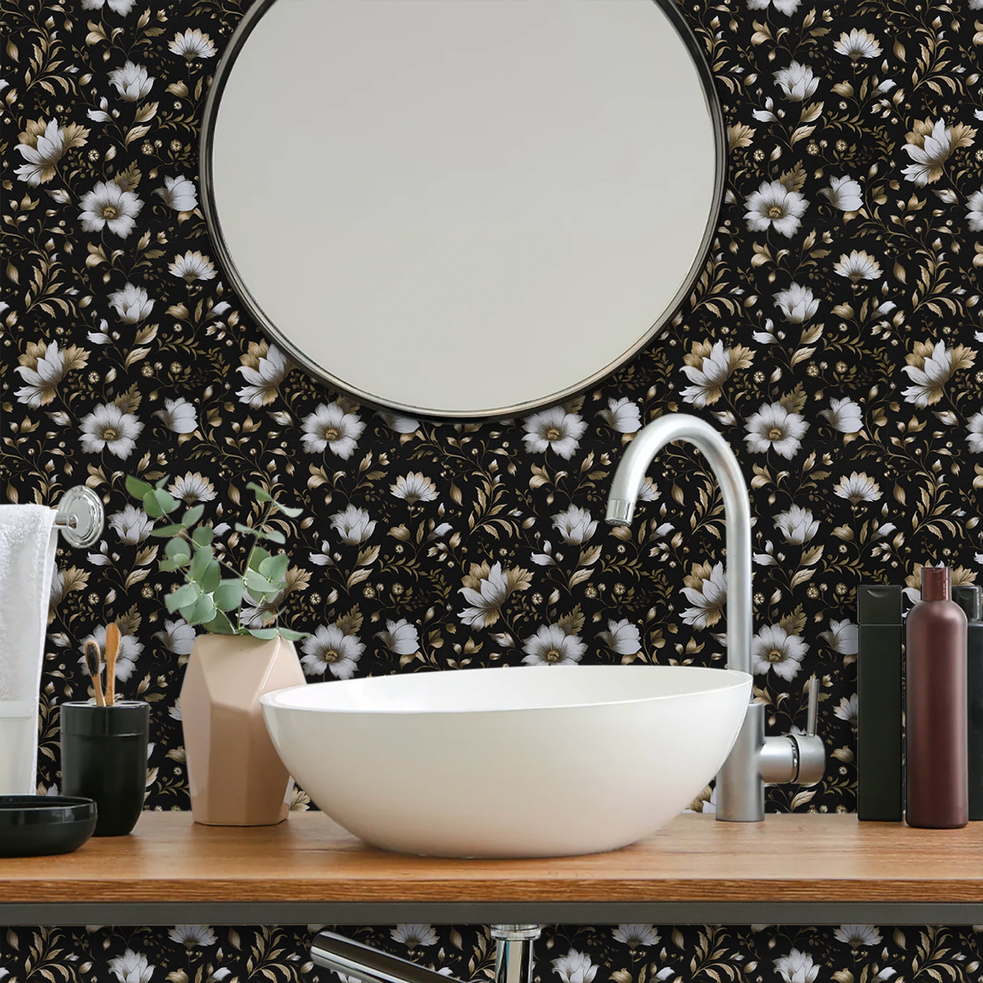 Abyssaly Black Gold Floral Wallpaper, 17.3" x 393" Peel and Stick Wallpaper Self-Adhesive Removable Contact Paper for Home Decoration