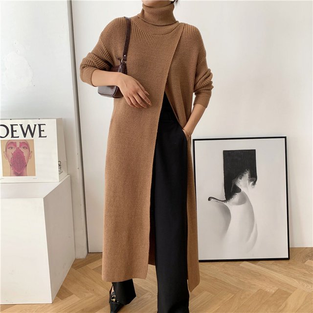 Suéter de cuello alto de punto largo estilo diosa, jersey de falda larga con abertura interior y corte ajustado