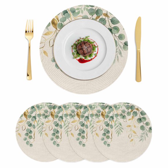 Sage Green Eucalyptus Round 15 Inch Placemats Set of 4, Country Leaves Rustic Botanical Vintage HeatResistant Non Slip Place Mats for Dining Table, Wipeable Kitchen Table Mats for Housewarming
