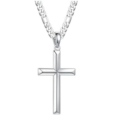 925 Sterling Silver Cross Necklace for Men Women with 4.5MM Stainless Steel Strong Durable Figaro Chain 18K White Gold Plated Crucifix Pendant Necklace Jewelry 16-28 Inches