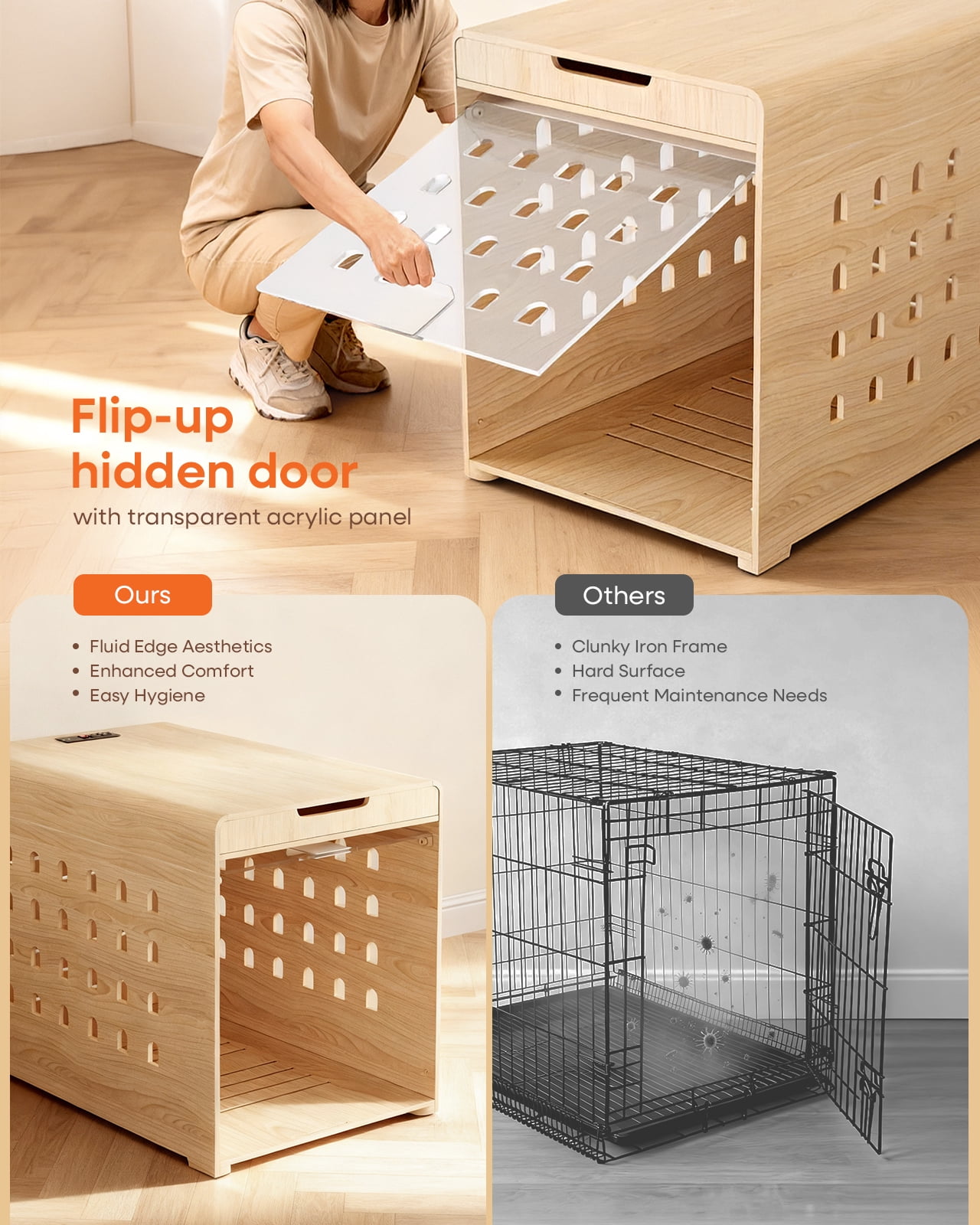 Furnibear Modern Dog Crate Furniture with Charging Station, Multifunctional Side End Table Indoor Kennel with Hidden Door for Small and Medium Dogs Breeds up to 55lb,Oak