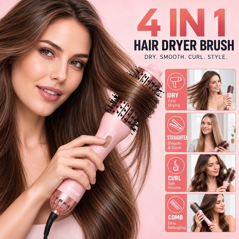 NEXPURE 4-in-1 Ionic Hair Dryer Brush, Oval Barrel, Pink photo 2