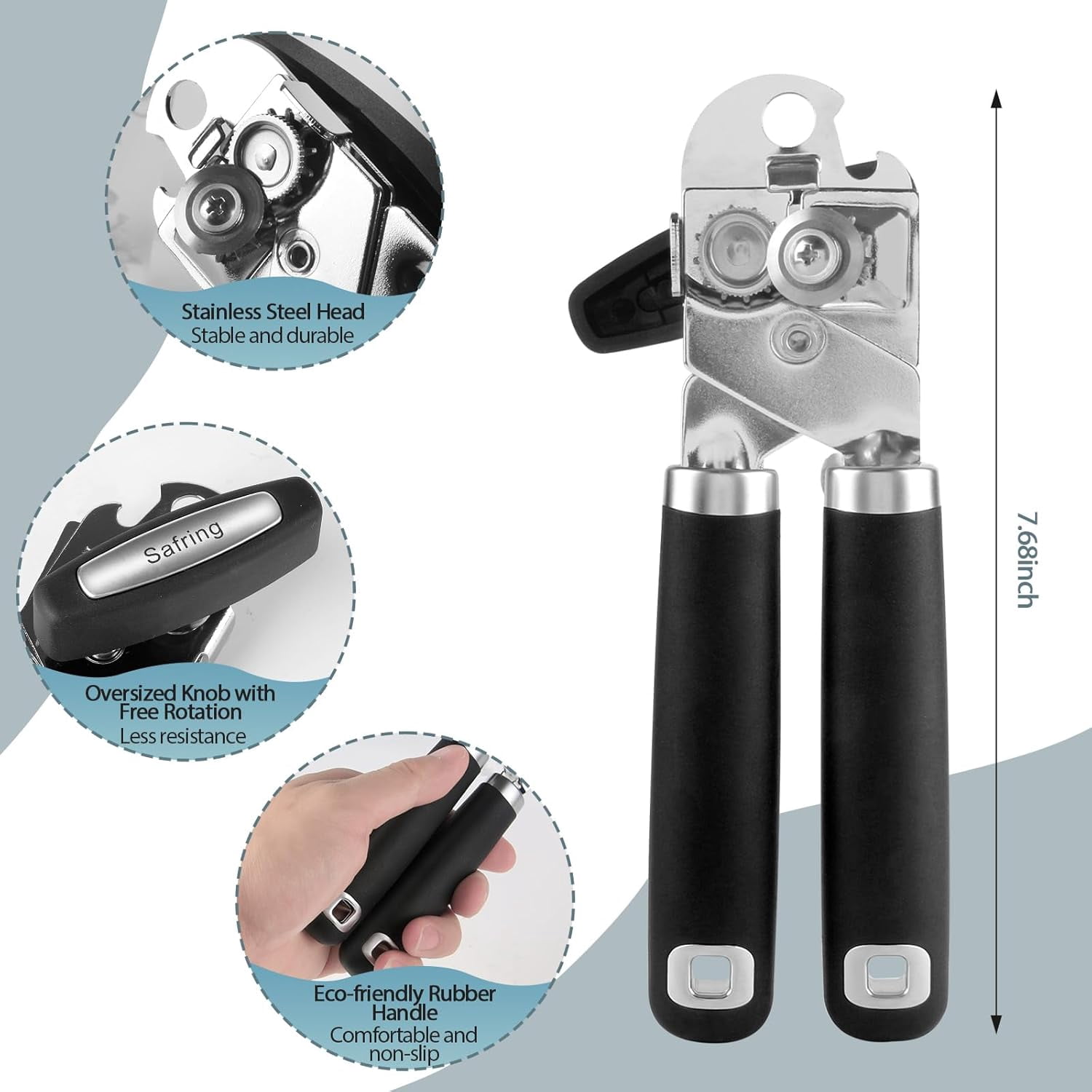 Can Opener Manual, Heavy Duty Handheld Strong with Soft Touch Handle, Sharp Blade Smooth Edge, Openers Multifunctional Bottle Opener, Black