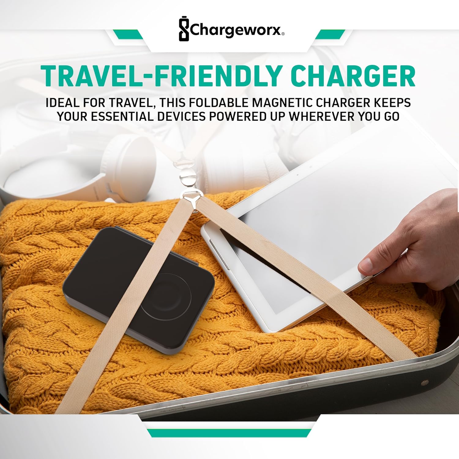ChargeWorx 3-in-1 Wireless Charger, Foldable Magnetic Charging Station with 15-Watt Fast Charging, Compatible with iPhone, Samsung, and Other Phones, Smartwatches, and Headphones, Black