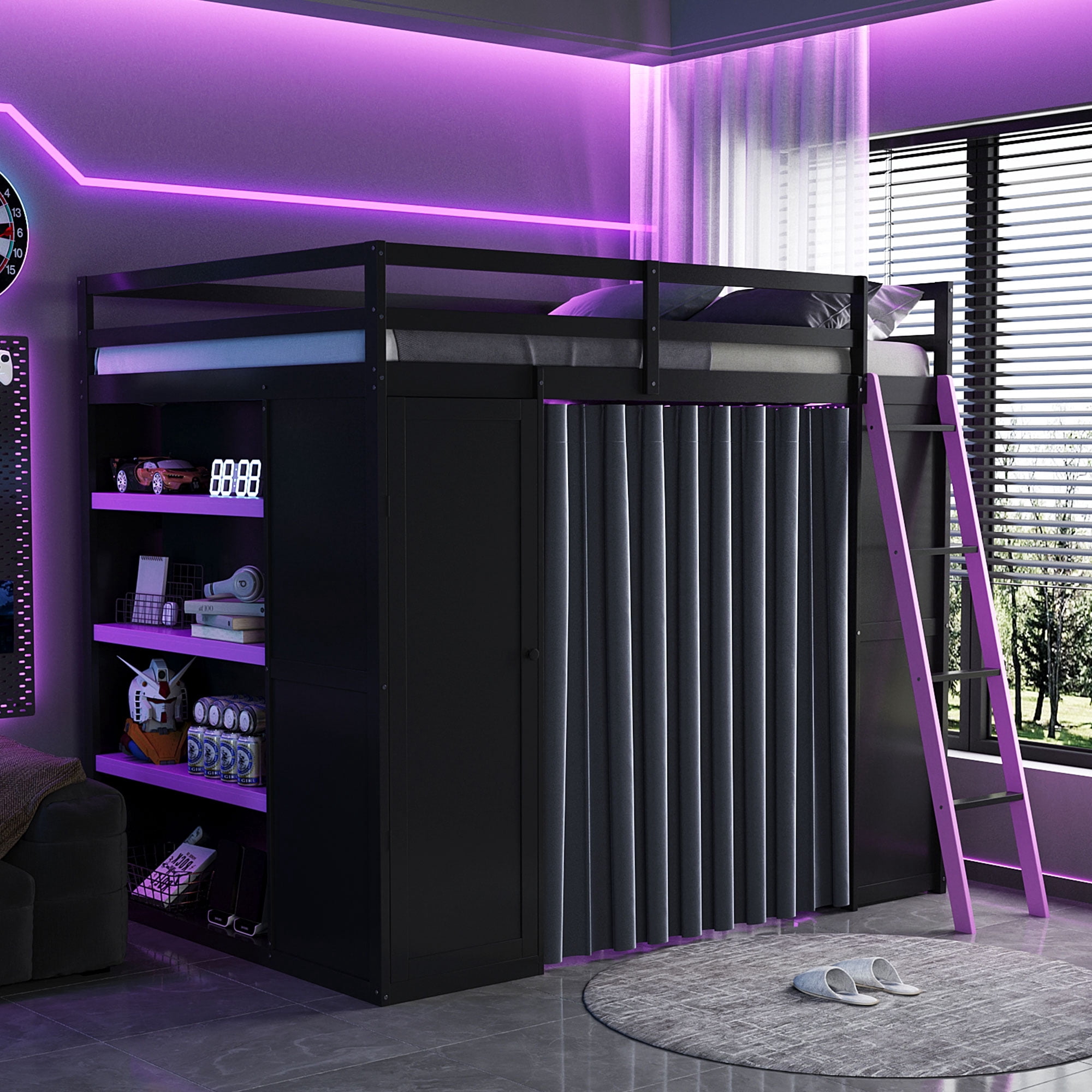 Mintazer Full Size Gaming Loft Bed with Workstation Desk & Wardrobe, Multifunctional Metal Loft Bed with Pegboard & Blackout Curtains, Black & Purple
