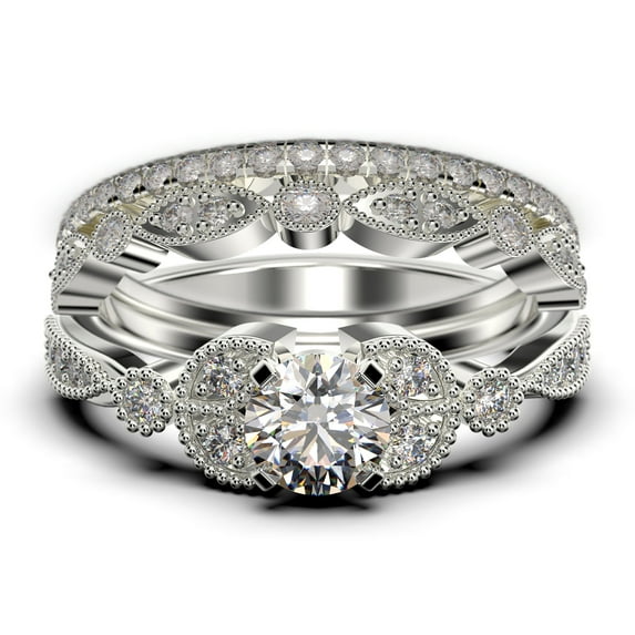 Trio Set 2.50 Carat Round Cut Diamond Moissanite Engagement Ring, Matching Wedding Band in 925 Sterling Silver With 18k White Gold Plating, Leaf Ring, Promise Ring, Anniversary Gift