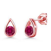 Gem Stone King 18K Rose Gold Plated Silver Red Created Ruby Teardrop Stud Earrings for Women Men (2.00 Cttw, Gemstone July Birthstone, Round 5MM)
