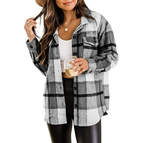 Ladies Check Fleece Winter Jacket Shacket Baggy Tartan Tops Casual Shirts Coat Walmart en linea